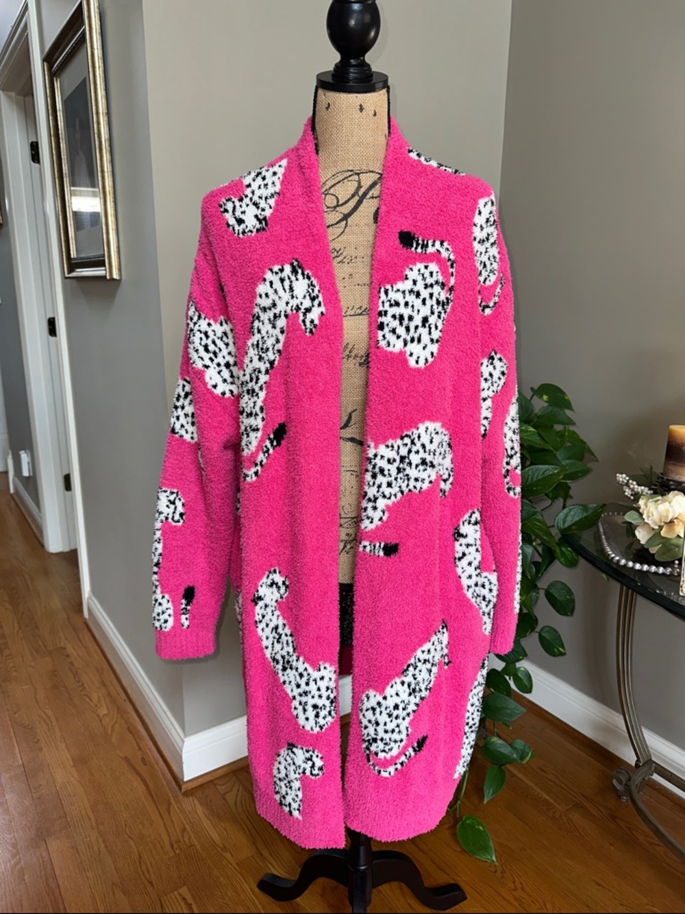 Hot Pink Leopard-Print Open-Front Cardigan Sweater